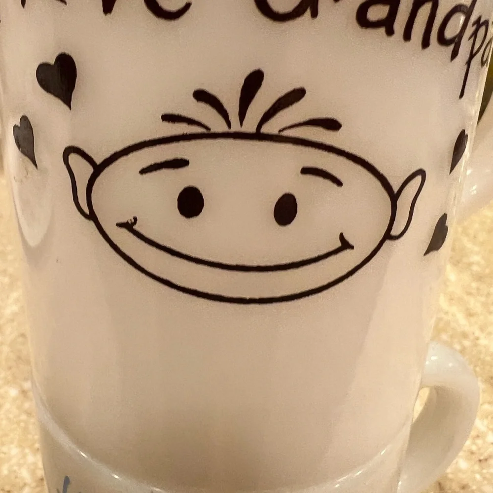 I love Grandma I love Grandpa Vintage Milk Glass Mugs Smiling Stick Figure Face